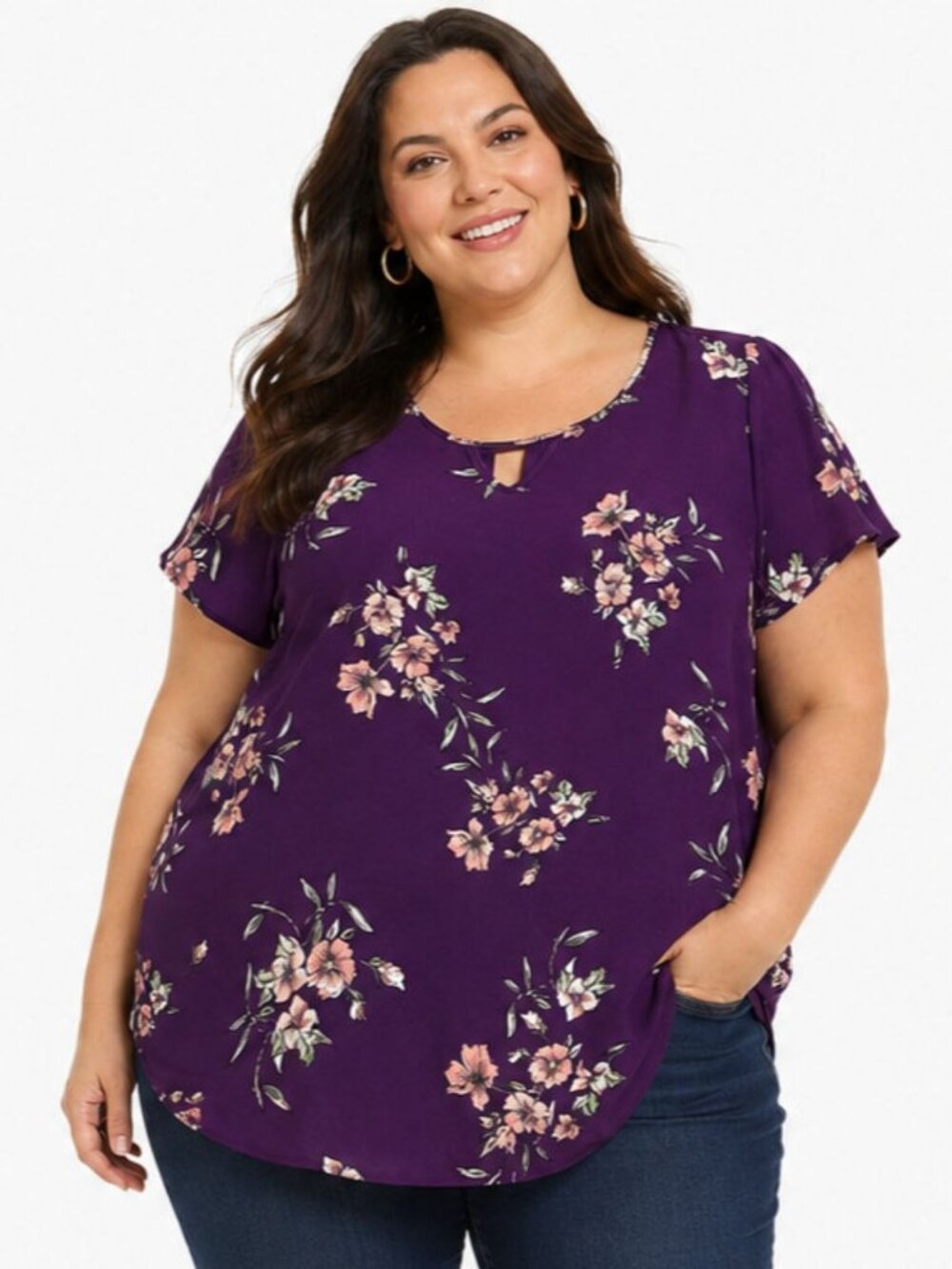 Torrid Womens 3 3X Purple Floral Blouse Georgette Keyhole Short Sleeve Plus